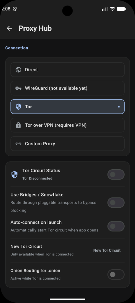 Proxy Hub & Tor Circuit Screen